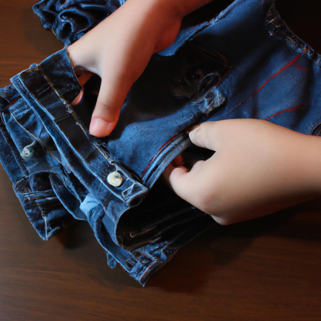 Person folding children's denim jeans