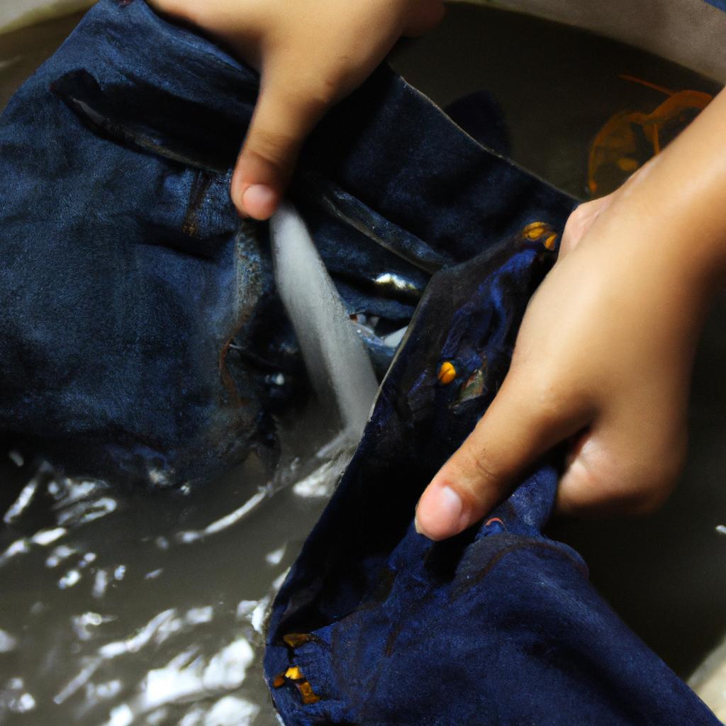 Person carefully washing kids jeans