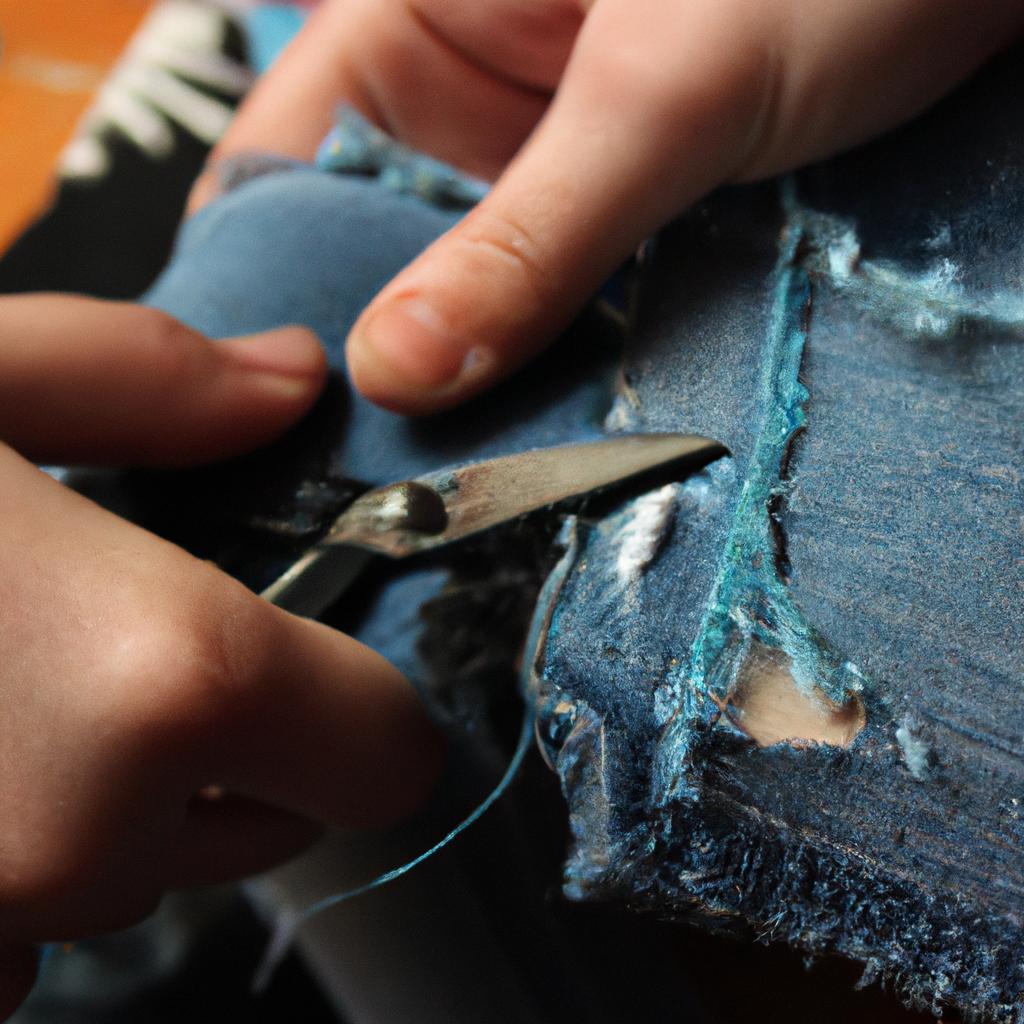 Person mending torn children's jeans