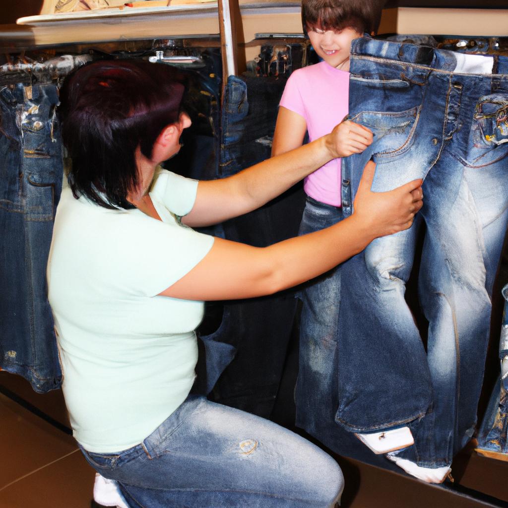 Parent supporting child buying jeans