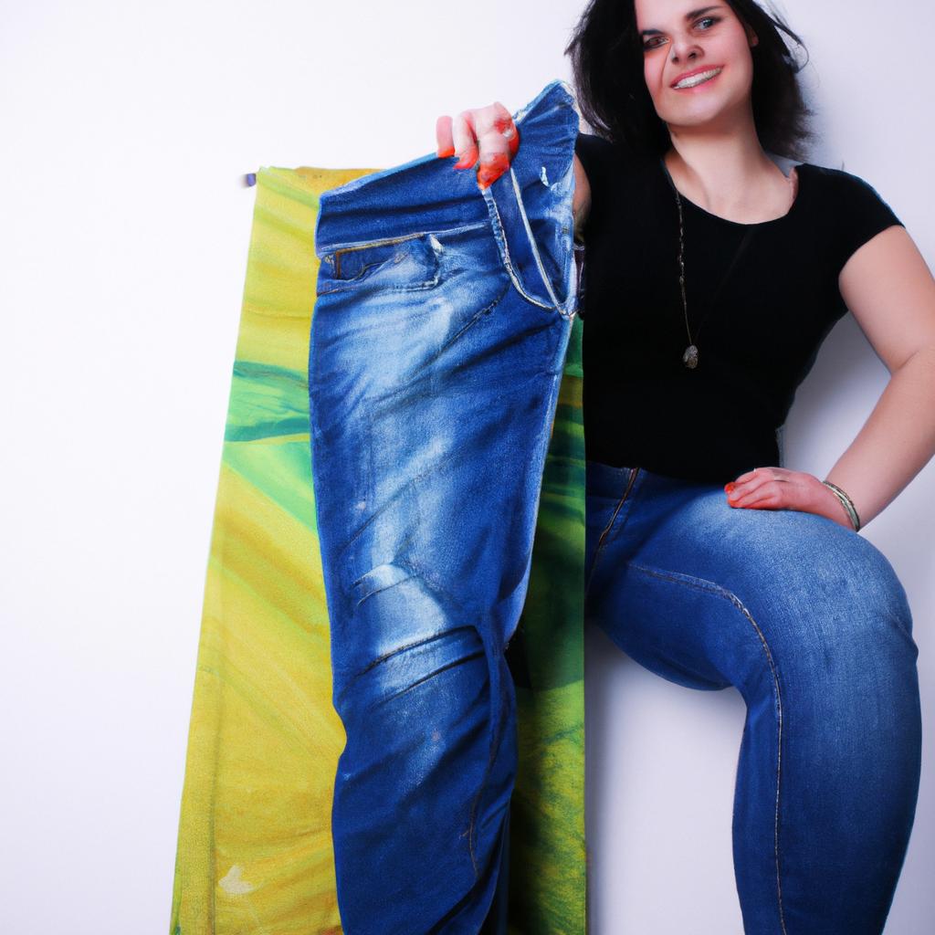 Person holding up jeans, smiling