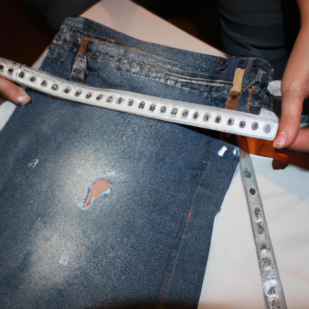 Person measuring children's jeans
